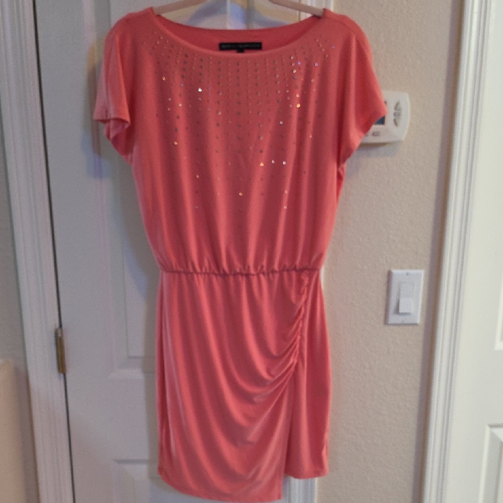 White House Black Market Coral Short-Sleeve Mini Dress Embellished  XS